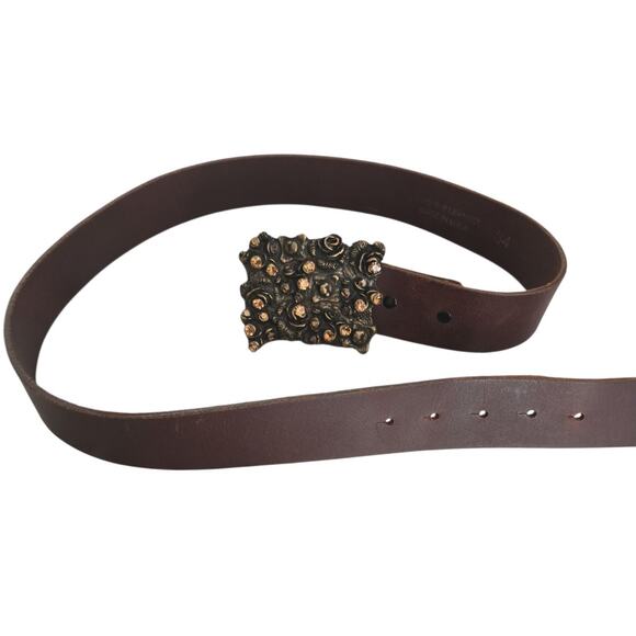 Genuine Brown Leather Belt with Rhinestone Embellished Buckle - Picture 5 of 7